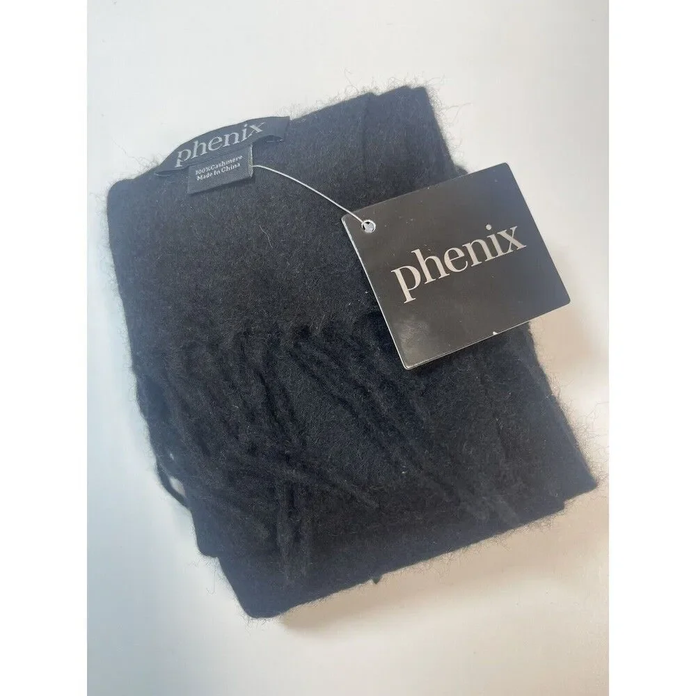 Phenix Black 100% Cashmere Fringe Lightweight Scarf 74”x11” Unisex New